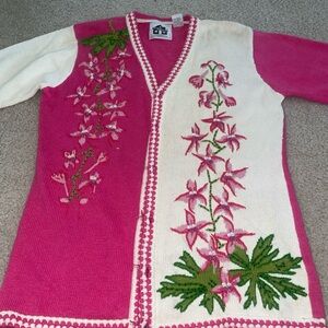 Storybook Knits Pink Floral Beaded Cardigan Sweater Button Small VTG